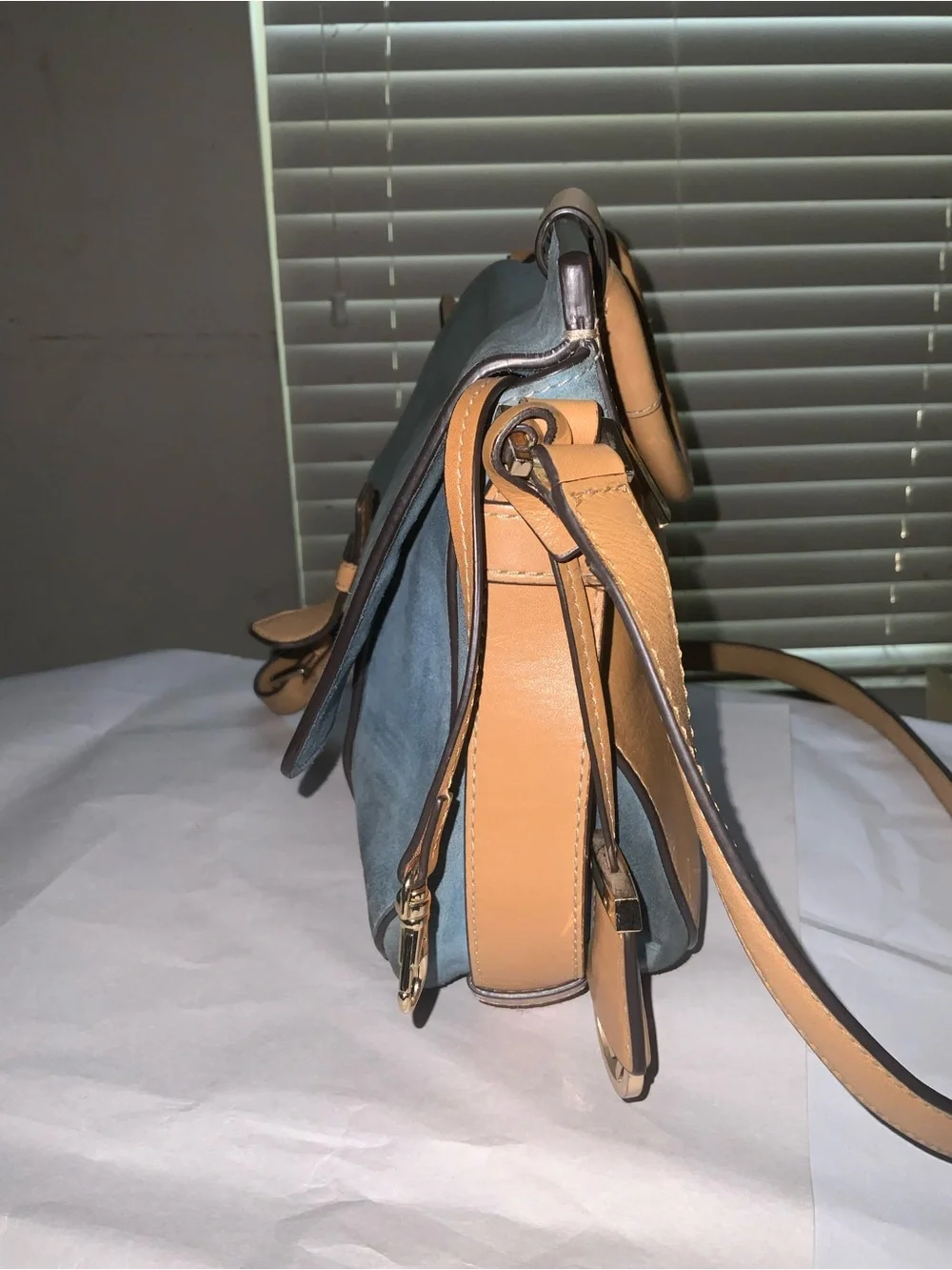 Michael Kors Blue Suede Crossbody Satchel with Tan Leather Trim